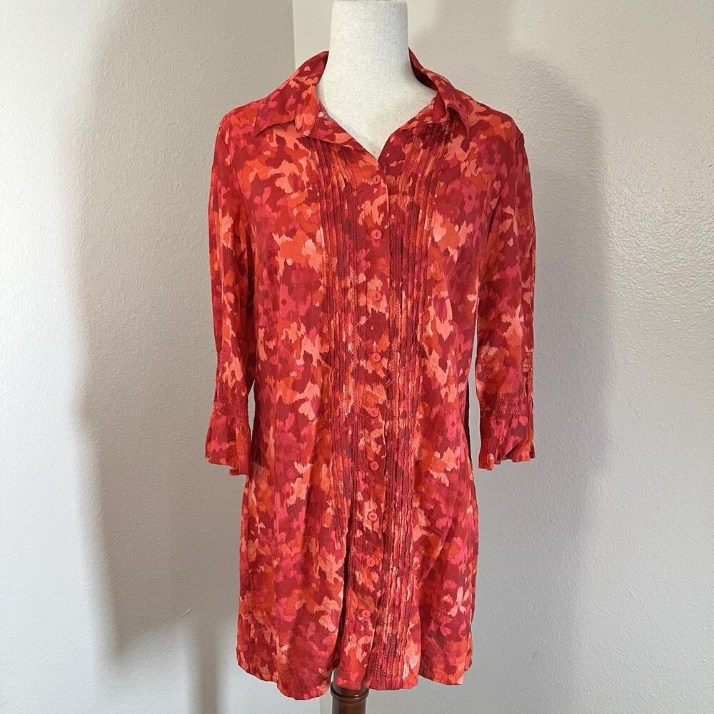 Coldwater Creek Foral Red Button Down Dress Womens Sz M Pleated Front